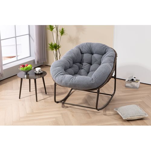 Fauteuil à Bascule D'extérieur En Rotin, Coussin Rembourré, Cadre En Ancier, Tissu Teddy, Gris
