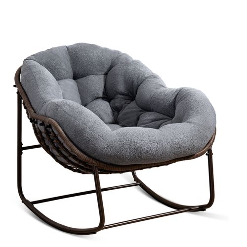 Fauteuil à Bascule D'extérieur En Rotin, Coussin Rembourré, Cadre En Ancier, Tissu Teddy, Gris