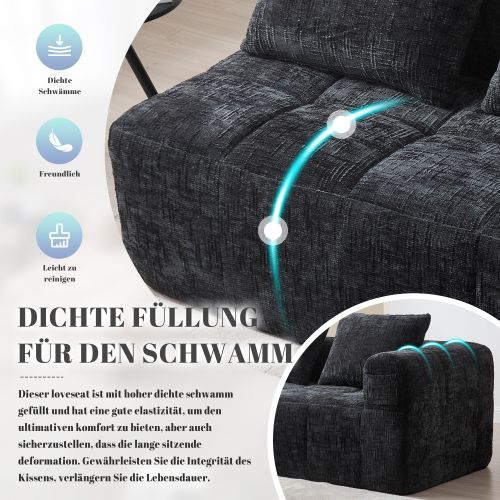 Canapé 2 Places Fixe, 158x90x60cm, Avec Têtières, Chenille, Noir, Élégant.