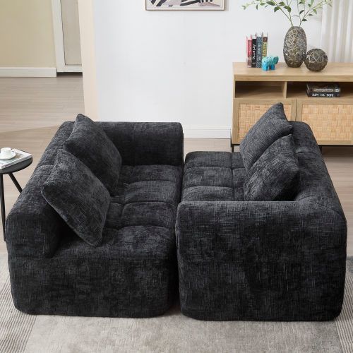 Canapé 2 Places Fixe, 158x90x60cm, Avec Têtières, Chenille, Noir, Élégant.