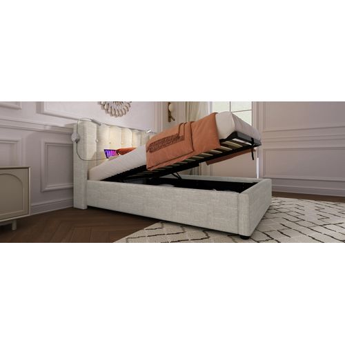 Lit Coffre Enfant 90x200 En Lin Avec Liseuse, Port USB- Beige