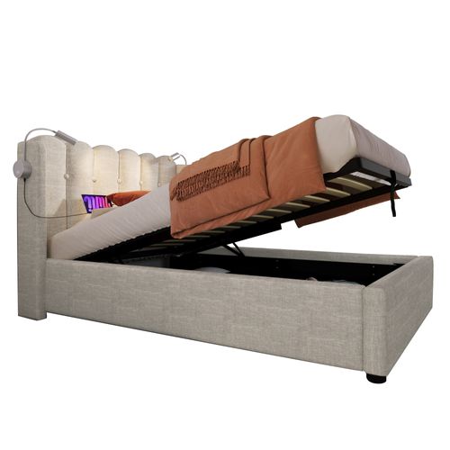 Lit Coffre Enfant 90x200 En Lin Avec Liseuse, Port USB- Beige