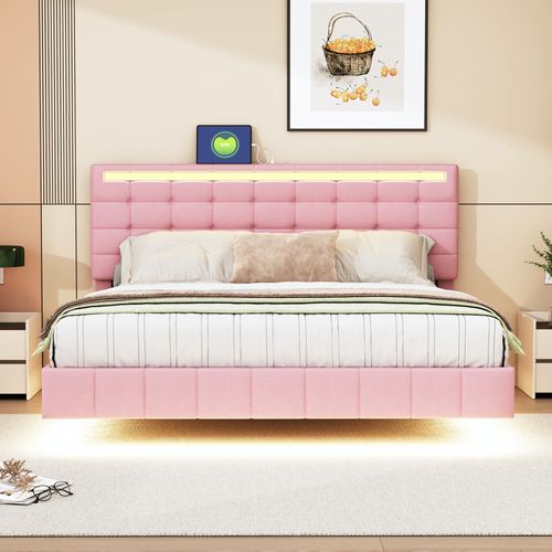 Lit Adulte 160x200 Cm En Lin Rose, LED, Tête De Lit Rembourrée