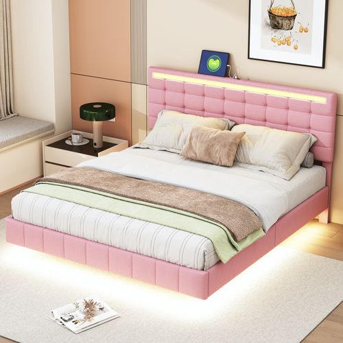Lit Adulte 160x200 Cm En Lin Rose, LED, Tête De Lit Rembourrée