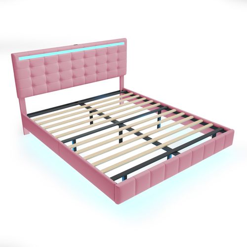 Lit Adulte 160x200 Cm En Lin Rose, LED, Tête De Lit Rembourrée
