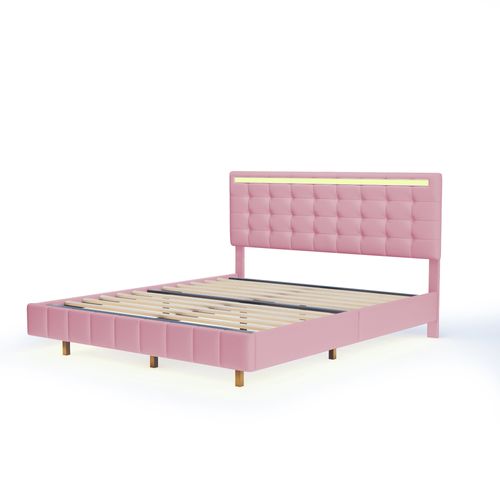 Lit Adulte 160x200 Cm En Lin Rose, LED, Tête De Lit Rembourrée