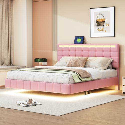 Lit Adulte 160x200 Cm En Lin Rose, LED, Tête De Lit Rembourrée