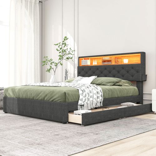 Lit Adulte 140x200 Cm Avec LED, USB, Tête De Lit Avec Rangements Et 2 Tiroirs, Gris