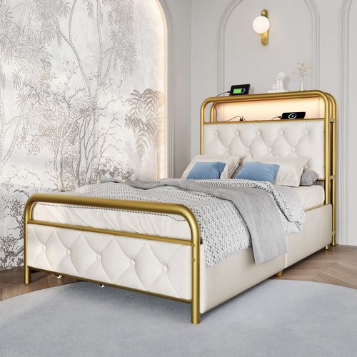 Lit Enfant 90x200 Cm Avec LED, USB-c, Tête Rembourrée Et 2 Tiroirs De Rangement, Velours