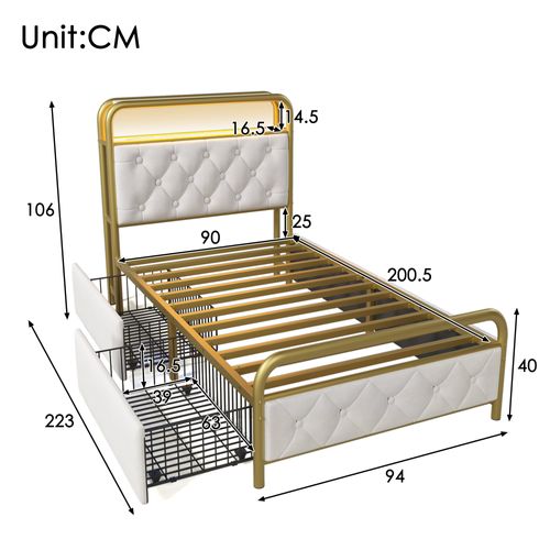 Lit Enfant 90x200 Cm Avec LED, USB-c, Tête Rembourrée Et 2 Tiroirs De Rangement, Velours