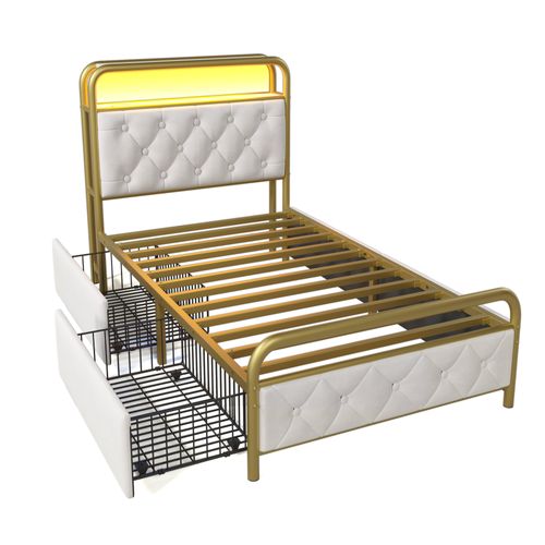 Lit Enfant 90x200 Cm Avec LED, USB-c, Tête Rembourrée Et 2 Tiroirs De Rangement, Velours