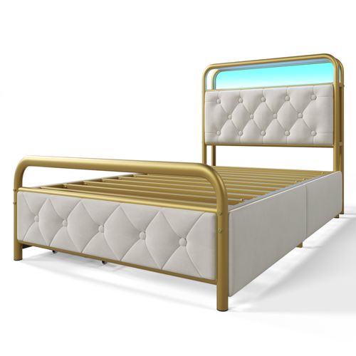 Lit Enfant 90x200 Cm Avec LED, USB-c, Tête Rembourrée Et 2 Tiroirs De Rangement, Velours