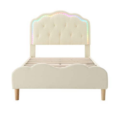 Lit Enfant Rembourré 90x200cm Avec Bande LED, Tête De Lit En Forme De Nuageuse, Pu, Beige