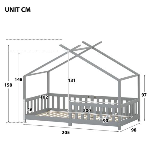 Lit Cabane Lit Enfant 90x200cm Avec Barrière Et Sommier à Lattes, Lit En Bois, Gris