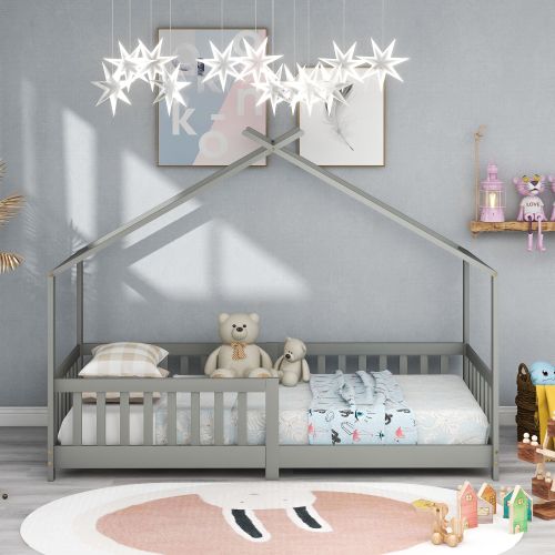 Lit Cabane Lit Enfant 90x200cm Avec Barrière Et Sommier à Lattes, Lit En Bois, Gris