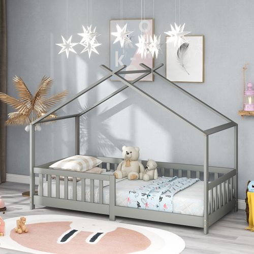 Lit Cabane Lit Enfant 90x200cm Avec Barrière Et Sommier à Lattes, Lit En Bois, Gris