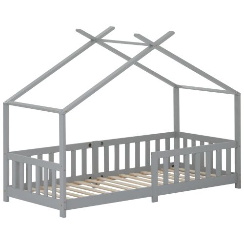Lit Cabane Lit Enfant 90x200cm Avec Barrière Et Sommier à Lattes, Lit En Bois, Gris