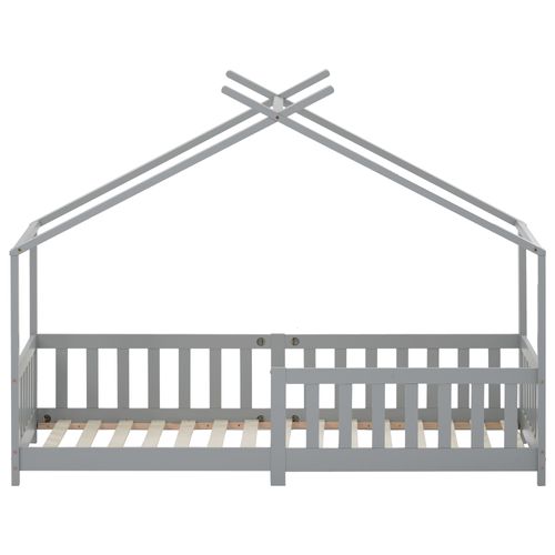 Lit Cabane Lit Enfant 90x200cm Avec Barrière Et Sommier à Lattes, Lit En Bois, Gris
