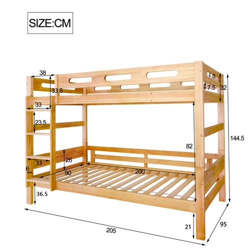 Lit Superposé Enfant 90x200cm, Divisé En 2 Lits Simples, Pin+mdf, Coloris Naturel