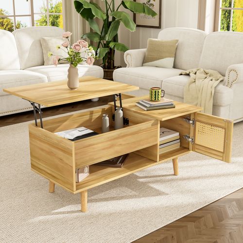 Table Basse Élégante Avec Plateau Relevable, Portes En Rotin Et Rangement Ouvert, 103x50x60cm, Bois