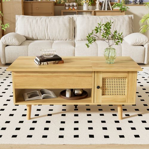 Table Basse Élégante Avec Plateau Relevable, Portes En Rotin Et Rangement Ouvert, 103x50x60cm, Bois