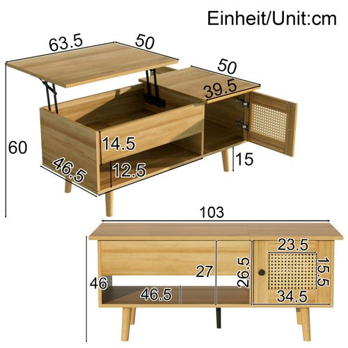 Table Basse Élégante Avec Plateau Relevable, Portes En Rotin Et Rangement Ouvert, 103x50x60cm, Bois