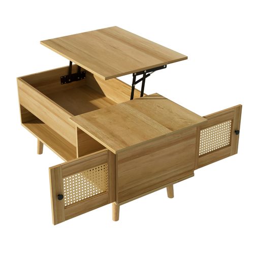 Table Basse Élégante Avec Plateau Relevable, Portes En Rotin Et Rangement Ouvert, 103x50x60cm, Bois