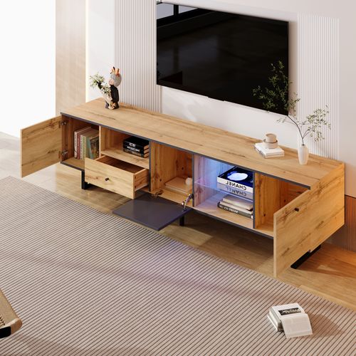 Meuble TV 190x40x50cm Avec LED, 1 Tiroir, 3 Portes,  Poignées et Pieds Noirs, Bois