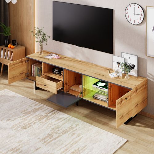 Meuble TV 190x40x50cm Avec LED, 1 Tiroir, 3 Portes,  Poignées et Pieds Noirs, Bois
