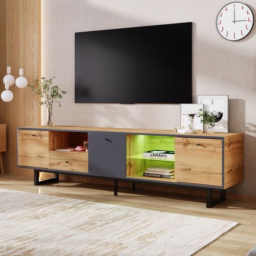 Meuble TV 190x40x50cm Avec LED, 1 Tiroir, 3 Portes,  Poignées et Pieds Noirs, Bois