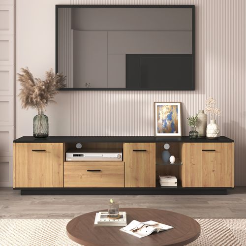 Meuble TV 180x37x45cm Avec LED, 1 Tiroir, 3 Portes, En Mdf, Noir