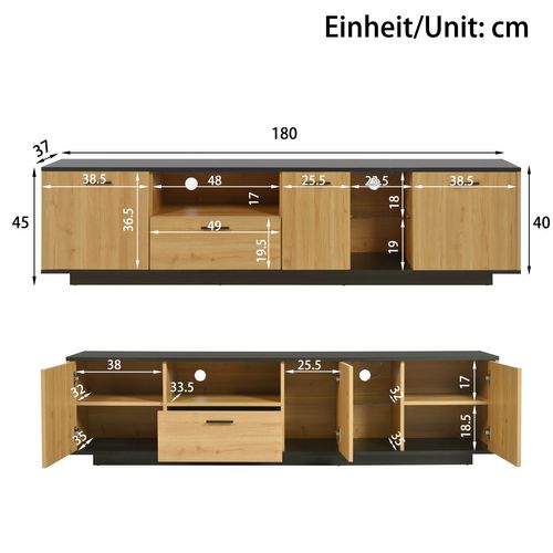 Meuble TV 180x37x45cm Avec LED, 1 Tiroir, 3 Portes, En Mdf, Noir