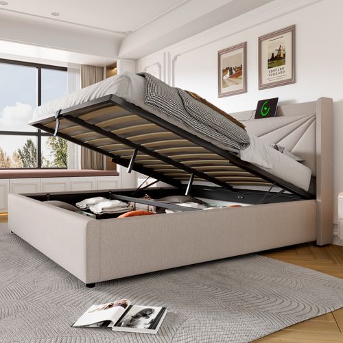 Lit Coffre Adulte 160x200, Ports USB-c, Sommier à Lattes Et Tête De Lit Moderne En Tissu