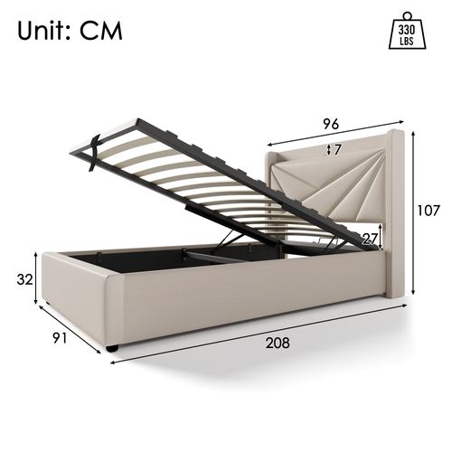 Lit Coffre Enfant 90x200 Cm Rembourré, Ports USB-c, Sommier à Lattes, Coton Et Lin Beige