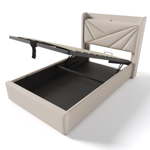 Lit Coffre Enfant 90x200 Cm Rembourré, Ports USB-c, Sommier à Lattes, Coton Et Lin Beige