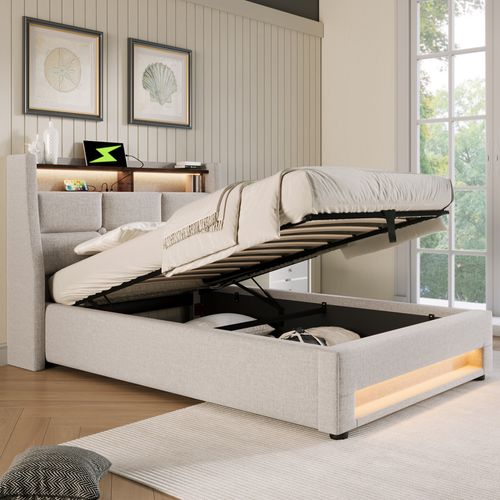 Lit Enfant 90x200 Cm Avec LED, Port USB, Sommier Relevable Et Tête De Lit Rembourrée