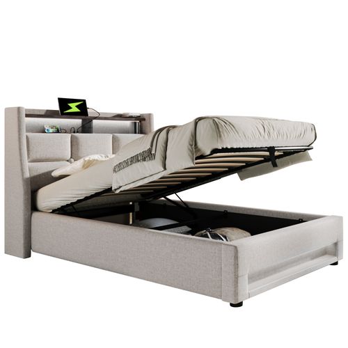 Lit Enfant 90x200 Cm Avec LED, Port USB, Sommier Relevable Et Tête De Lit Rembourrée