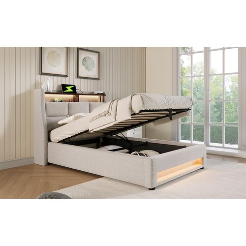 Lit Enfant 90x200 Cm Avec LED, Port USB, Sommier Relevable Et Tête De Lit Rembourrée