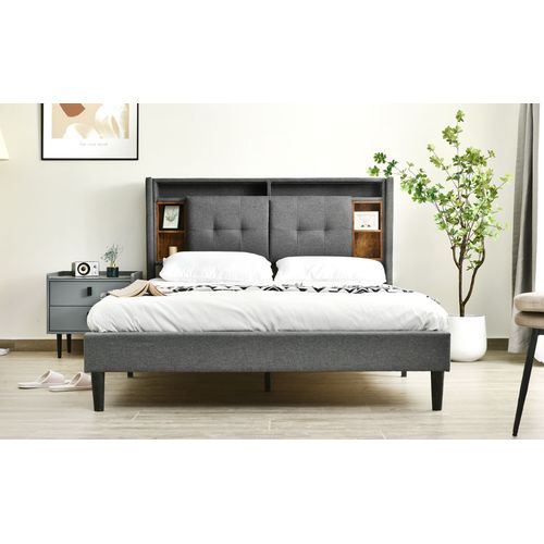 Lit Adulte 160x200 Cm Tissu Lin, LED Et USB, Tête De Lit Avec Rangement Et Sommier En Bois, Gris
