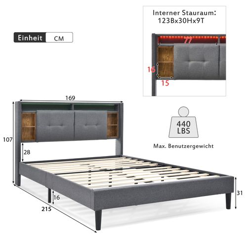 Lit Adulte 160x200 Cm Tissu Lin, LED Et USB, Tête De Lit Avec Rangement Et Sommier En Bois, Gris