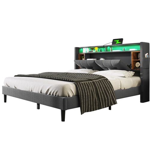Lit Adulte 160x200 Cm Tissu Lin, LED Et USB, Tête De Lit Avec Rangement Et Sommier En Bois, Gris