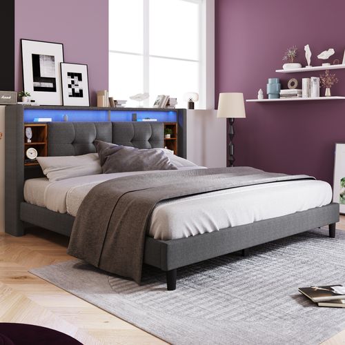 Lit Adulte 160x200 Cm Tissu Lin, LED Et USB, Tête De Lit Avec Rangement Et Sommier En Bois, Gris