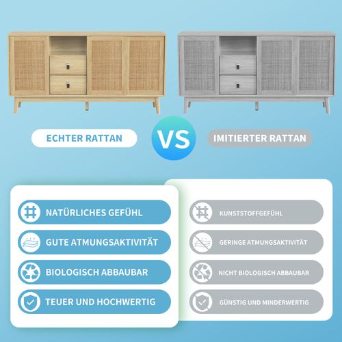 Buffet de salon, buffet bois Avec 3 Portes Coulissantes En Rotin, 2 Tiroirs, 155x38x80 Cm, En Mdf