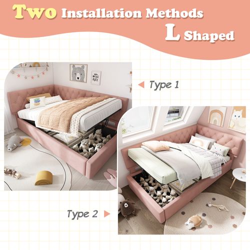 Lit Coffre Enfant, Canapé-lit, Lit Avec Sommier 90x200cm, En Velours, Rose