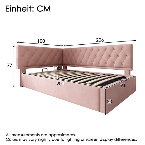 Lit Coffre Enfant, Canapé-lit, Lit Avec Sommier 90x200cm, En Velours, Rose