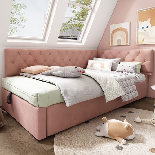 Lit Coffre Enfant, Canapé-lit, Lit Avec Sommier 90x200cm, En Velours, Rose