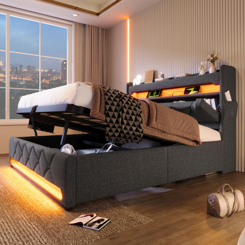 Lit Coffre Adulte 180x200 cm - Éclairage LED et USB et Type-c, en Lin, gris