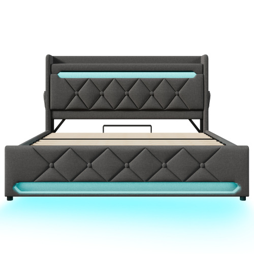 Lit Coffre Adulte 180x200 cm - Éclairage LED et USB et Type-c, en Lin, gris