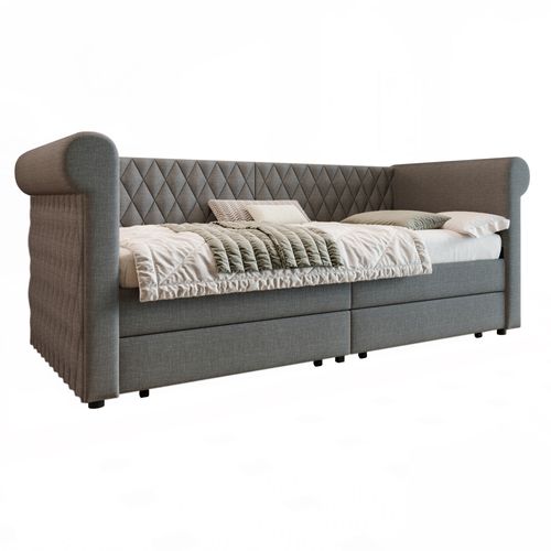 Lit Enfant, Canapé-lit, Lit Avec 2 Tiroirs, 90x200cm, En Lin, Gris
