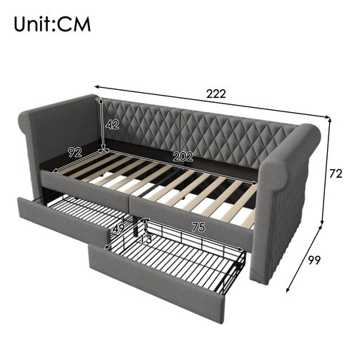 Lit Enfant, Canapé-lit, Lit Avec 2 Tiroirs, 90x200cm, En Lin, Gris